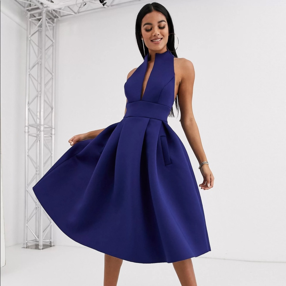 ASOS DESIGN high neck plunge midi prom dress navy